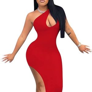 🔥One Shoulder Sleeveless High Slit Solid Color Cutout Bodycon Dress Red Small